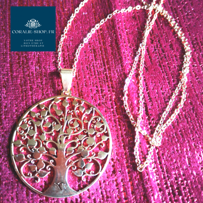 collier arbre de vie avec feuilles coeurs doré