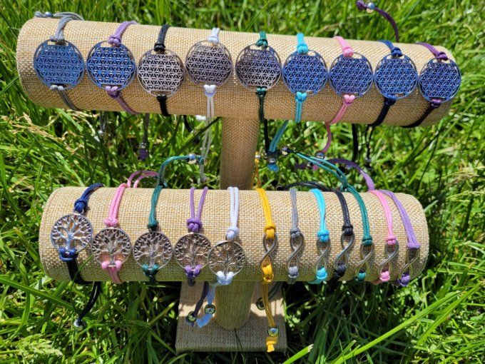 Bracelet en coton réglable- arbre de vie en métal- coloris au choix