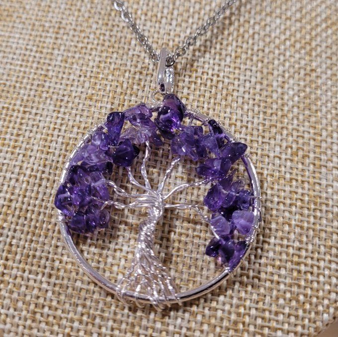 Pendentif arbre de vie Amethyste et acier