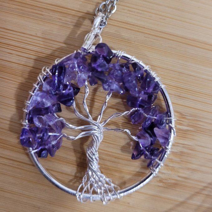 Pendentif arbre de vie Amethyste et acier