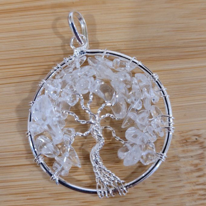 Pendentif arbre de vie Cristal de Roche et acier