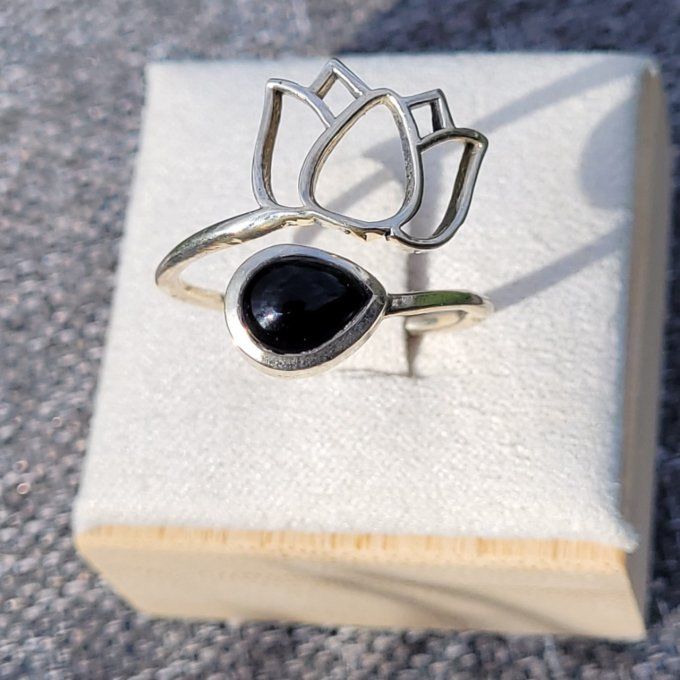 Bague argent 925 Lotus et Obsidienne noire