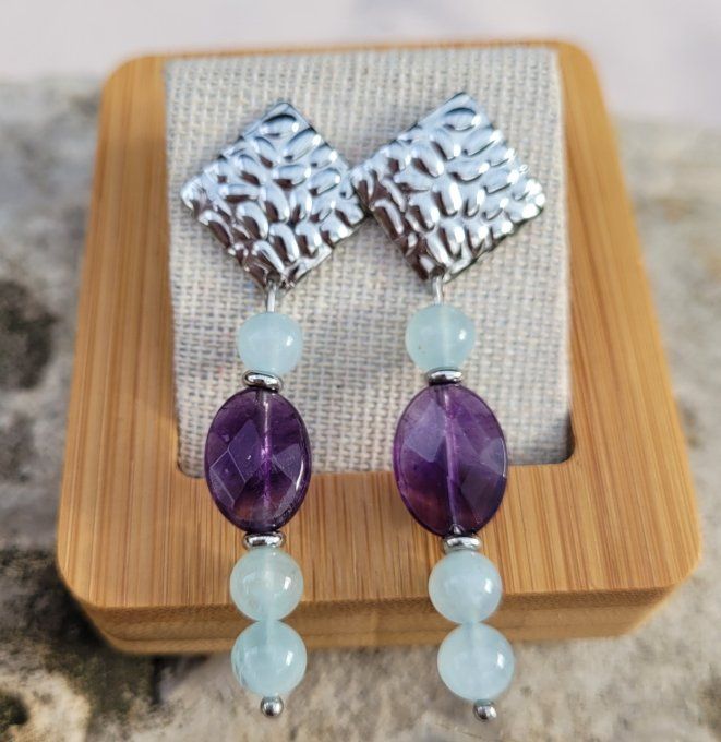 Boucles d'oreilles en Amethyste et Aigue Marine 