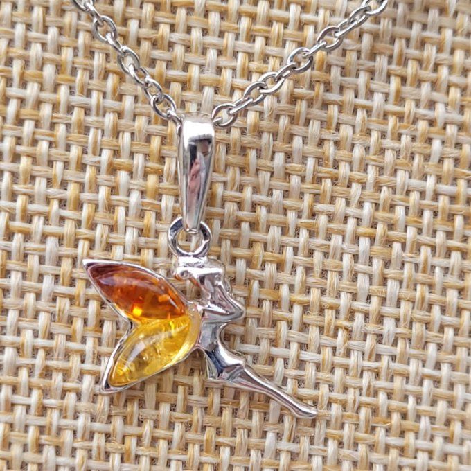 Pendentif fée en argent et ailes en Ambre cognac et jaune